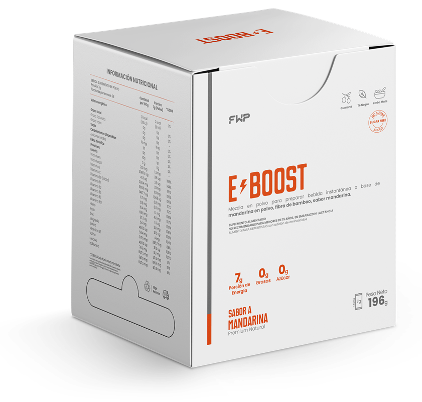 E-BOOST sabor mandarina de FWP Chile en caja