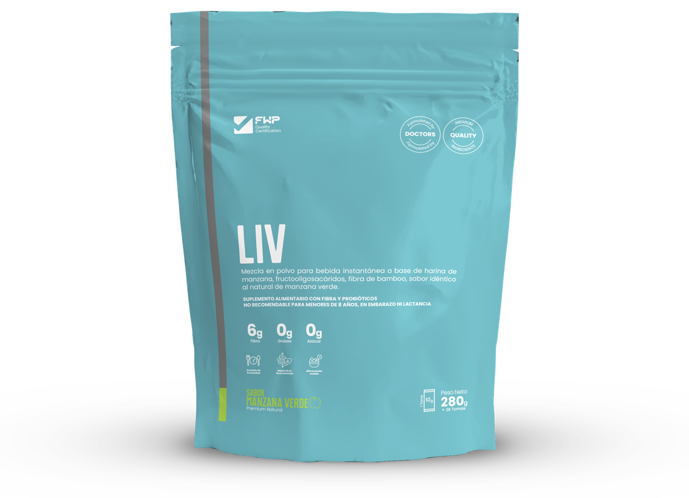 Doypack LIV sabor manzana verde de FWP Chile con fibra y probióticos